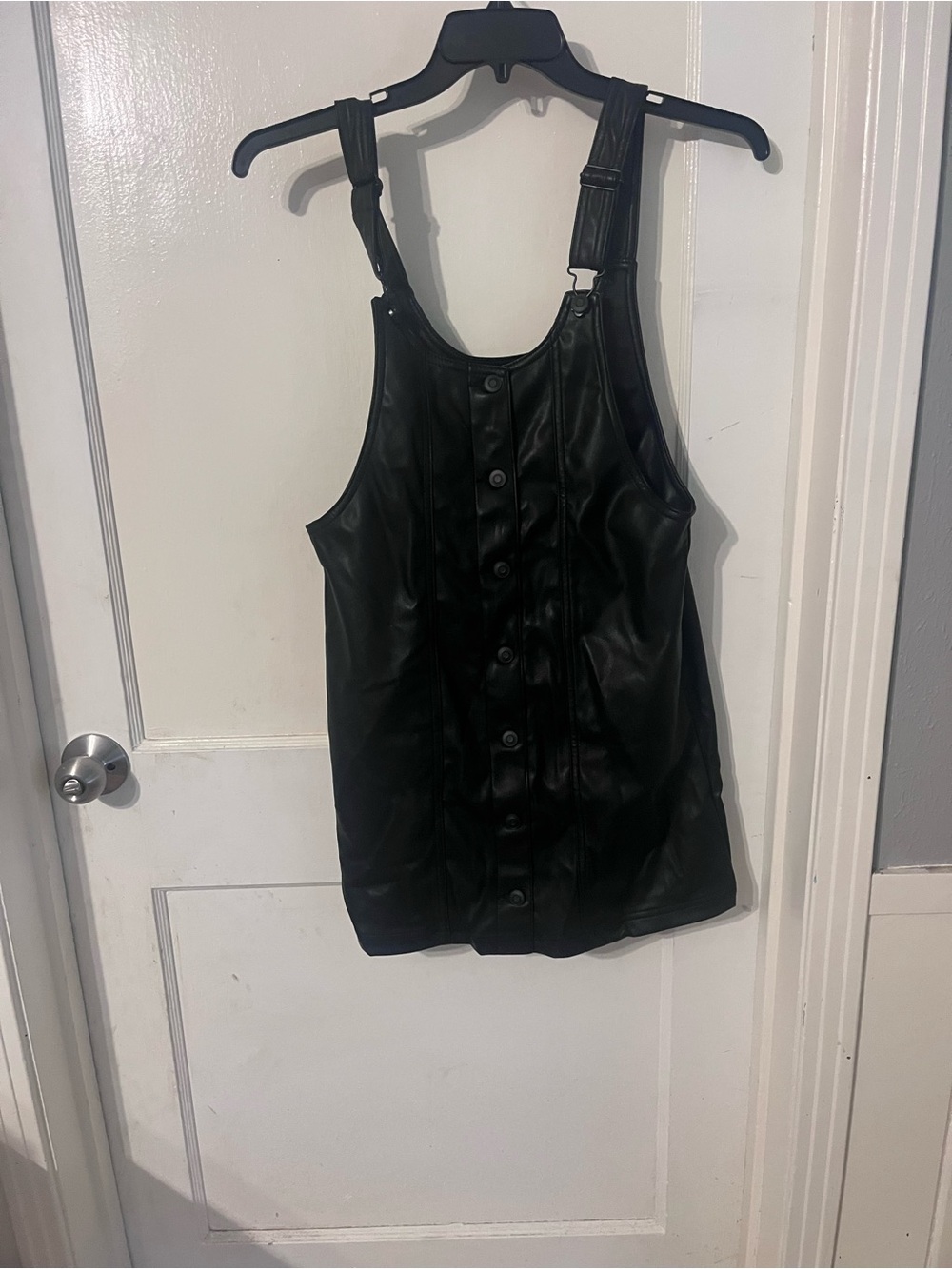 Celebrity Pink Black Faux Leather Button-Front Pinafore Dress